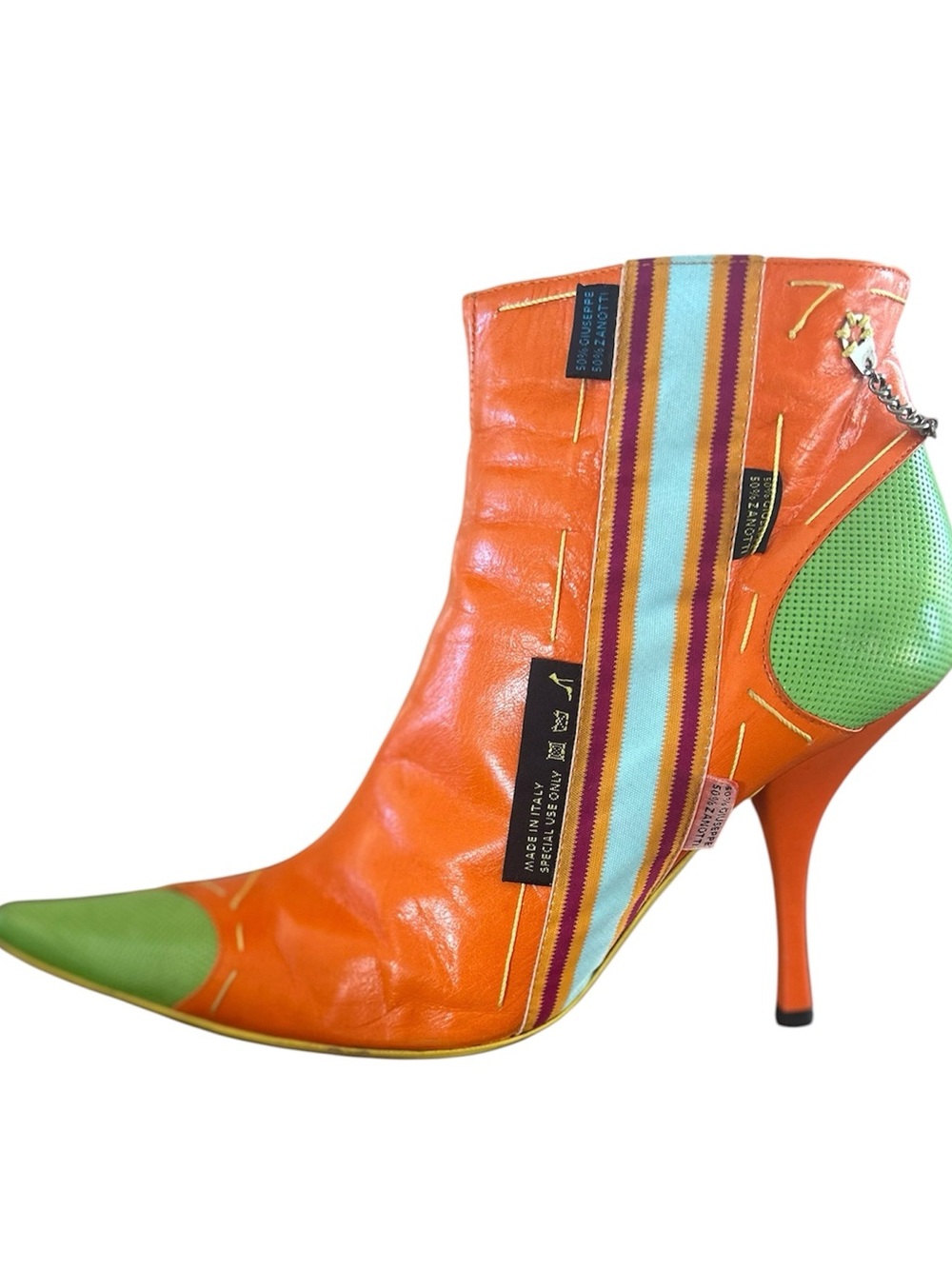 GIUSEPPE ZANOTTI~Vintage Y2K Orange/Green Color-block Pointed Toe Booties~7/7.5